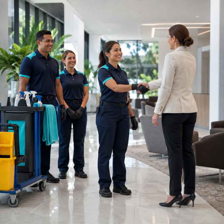 Cleaning professional following documented safety procedures with protective equipment