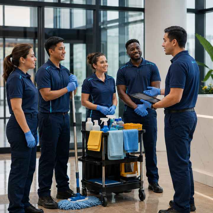 Professional cleaning team receiving hands-on training with equipment