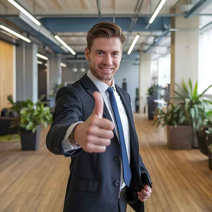 Professional commercial cleaning team working in a bright office environment