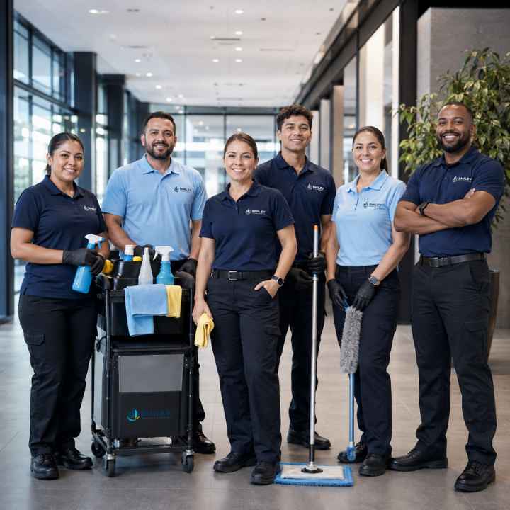 Smiley Clean Group commercial cleaning team at work in a modern office